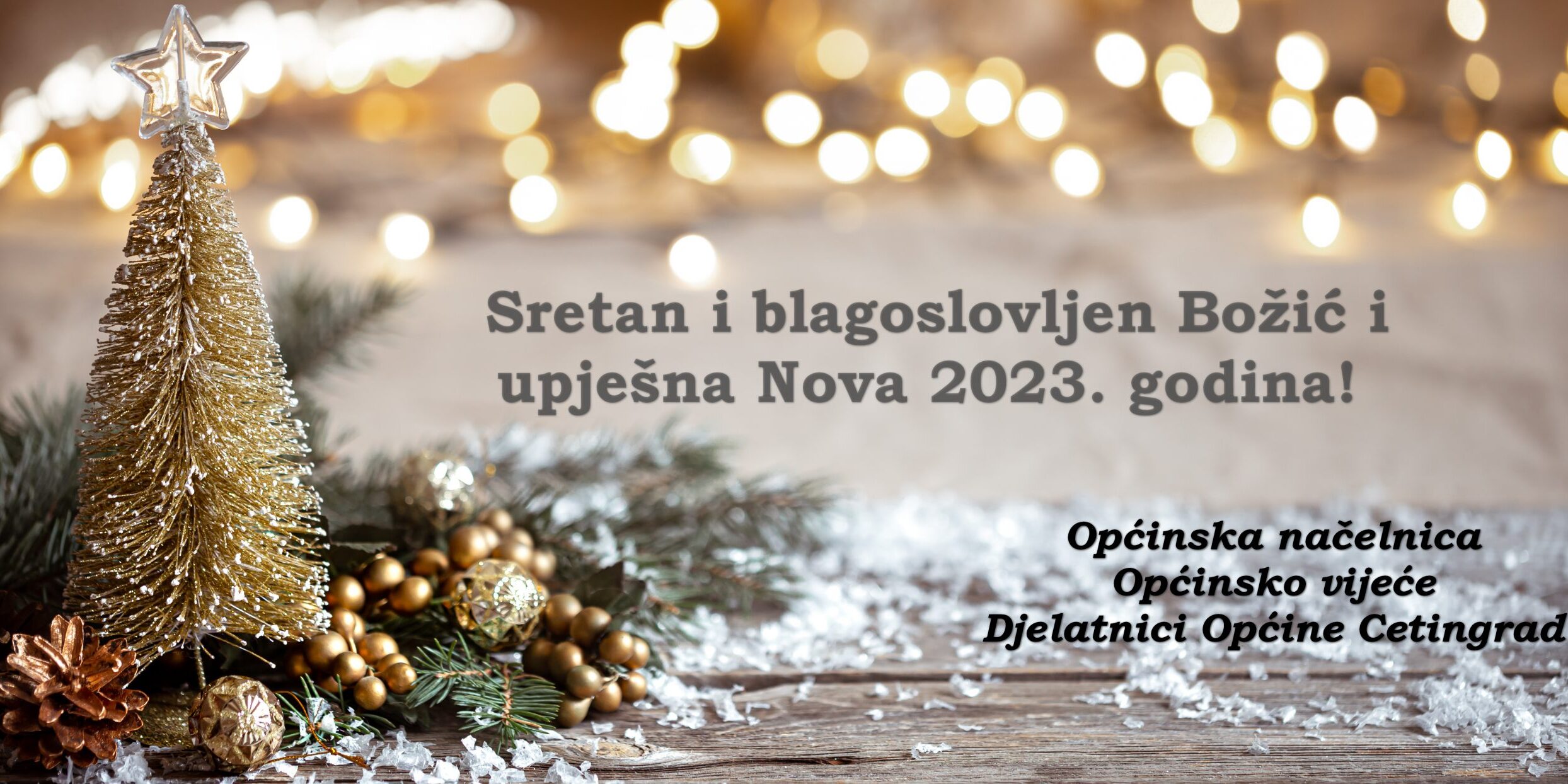 Christmas cozy background with decor details, snow and blurry lights copy space.